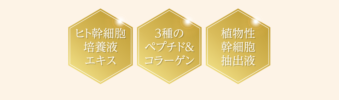 ヒト幹細胞培養液エキス、3種のペプチド＆コラーゲン、植物性幹細胞抽出液